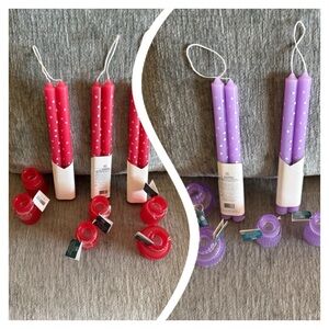 Red & purple Heart Pattern Taper Candles with Red & purple Glass Holders.